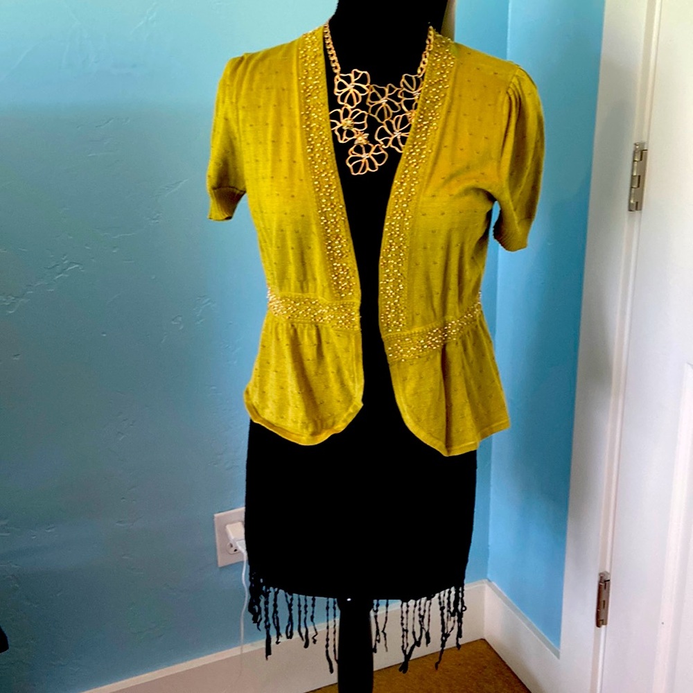 Anthro Moth green cardigan with tan/brown beading